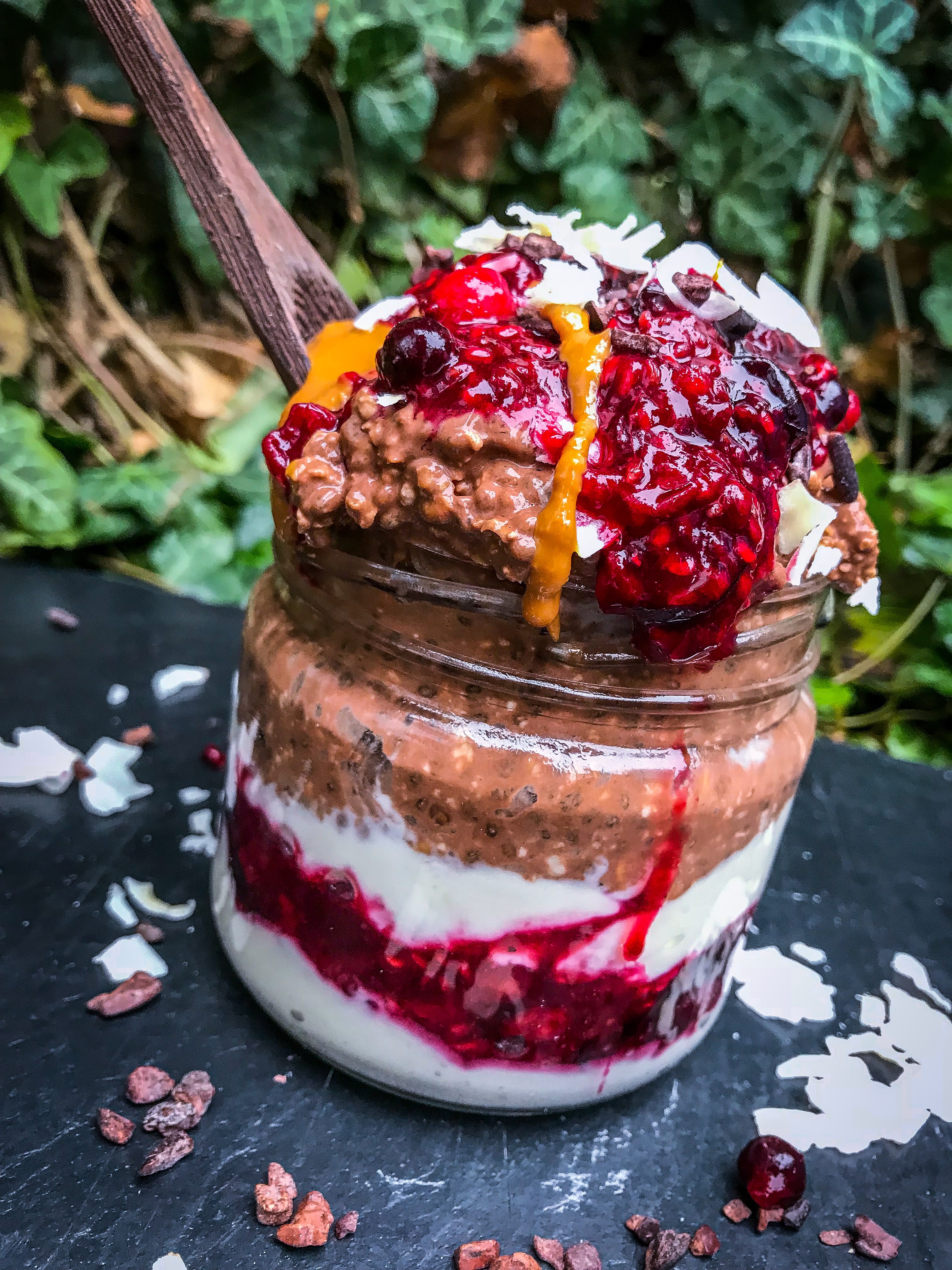 Chocolate and Peanut Butter Jelly Breakfast Jar (overnight oats)