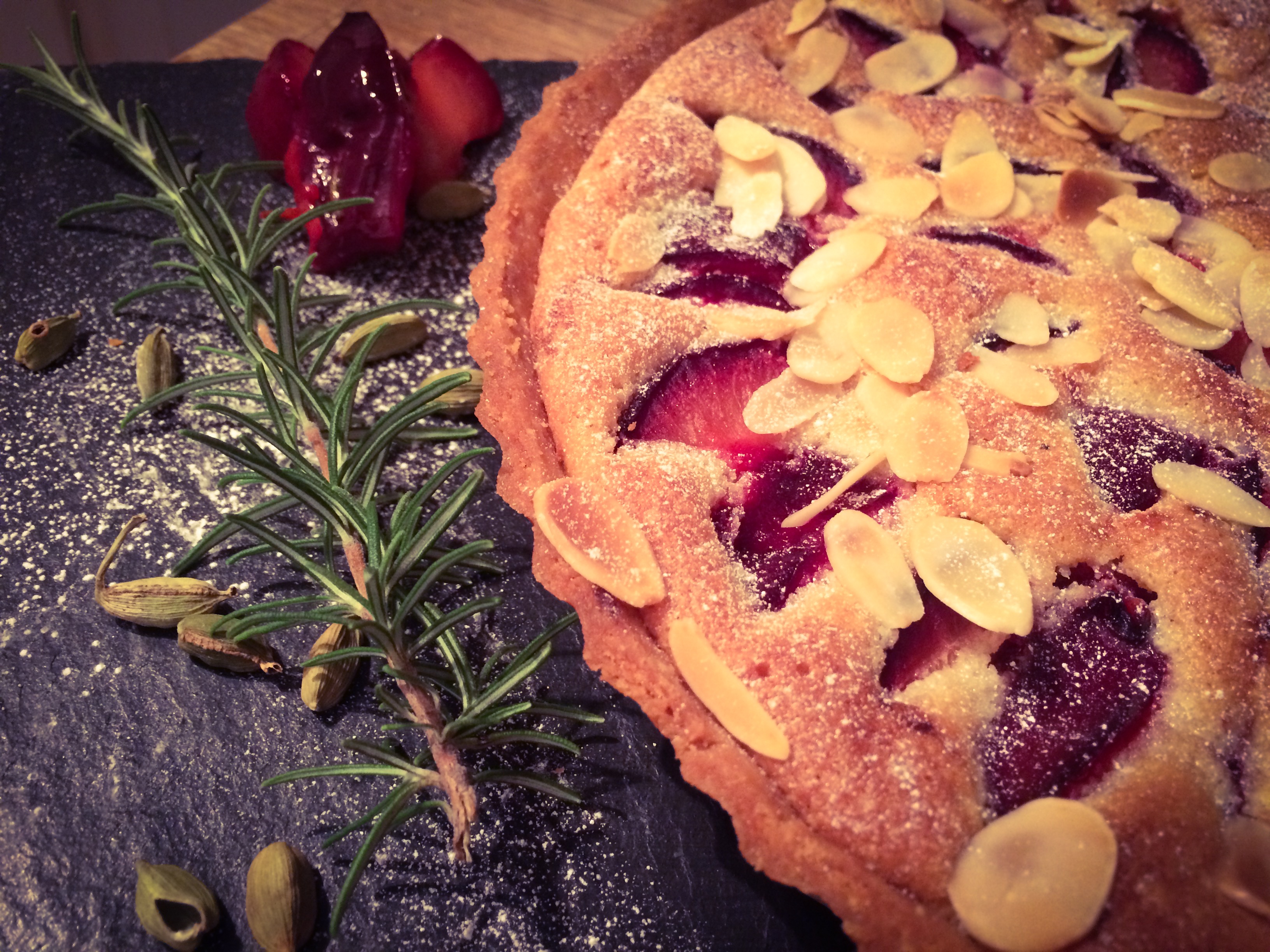 Cardamon, Rosemary Plum Frangipane Tart