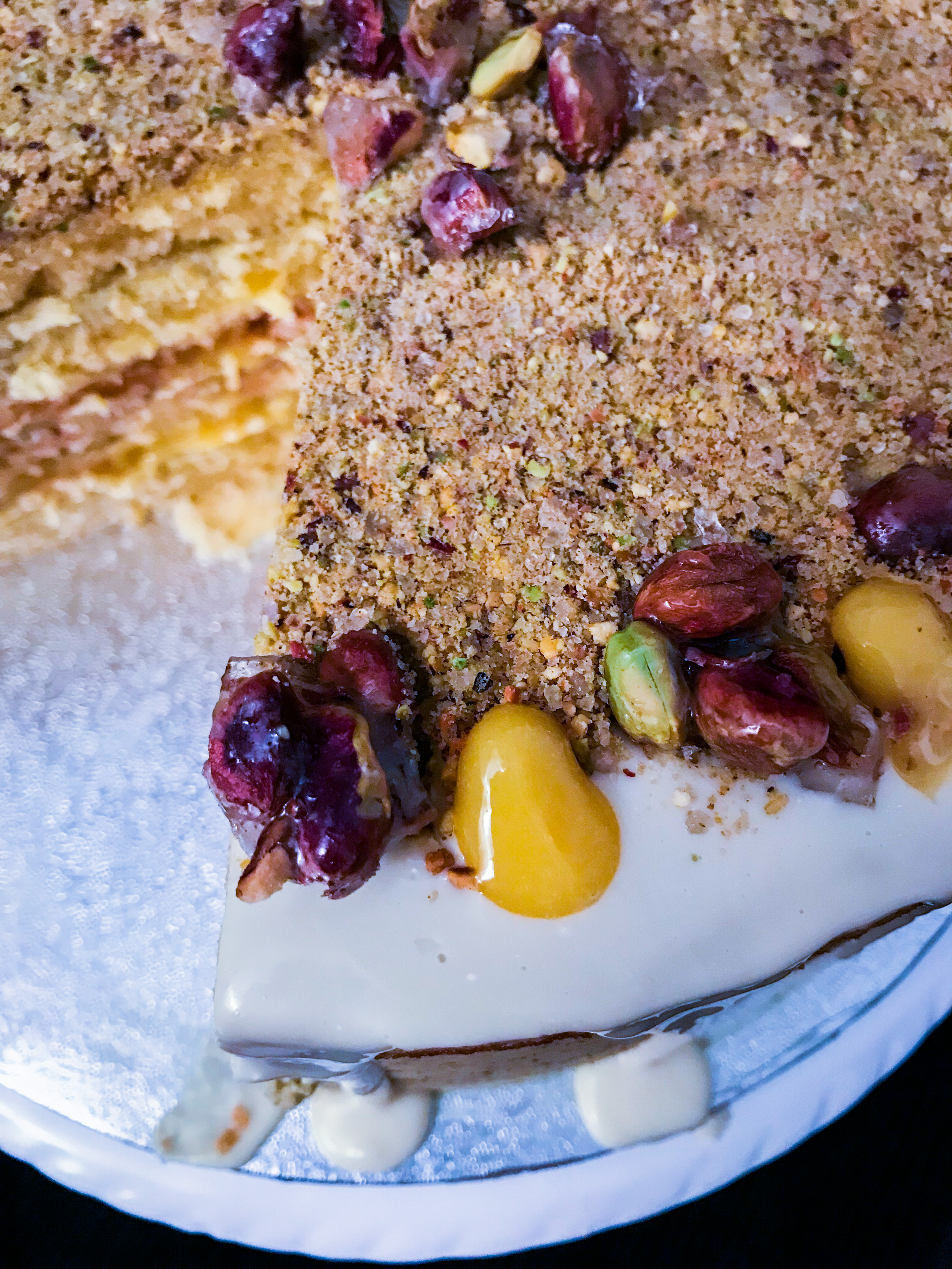 Zingy Orange and Passionfruit cake with White Chocolate Pistachio Buttercream