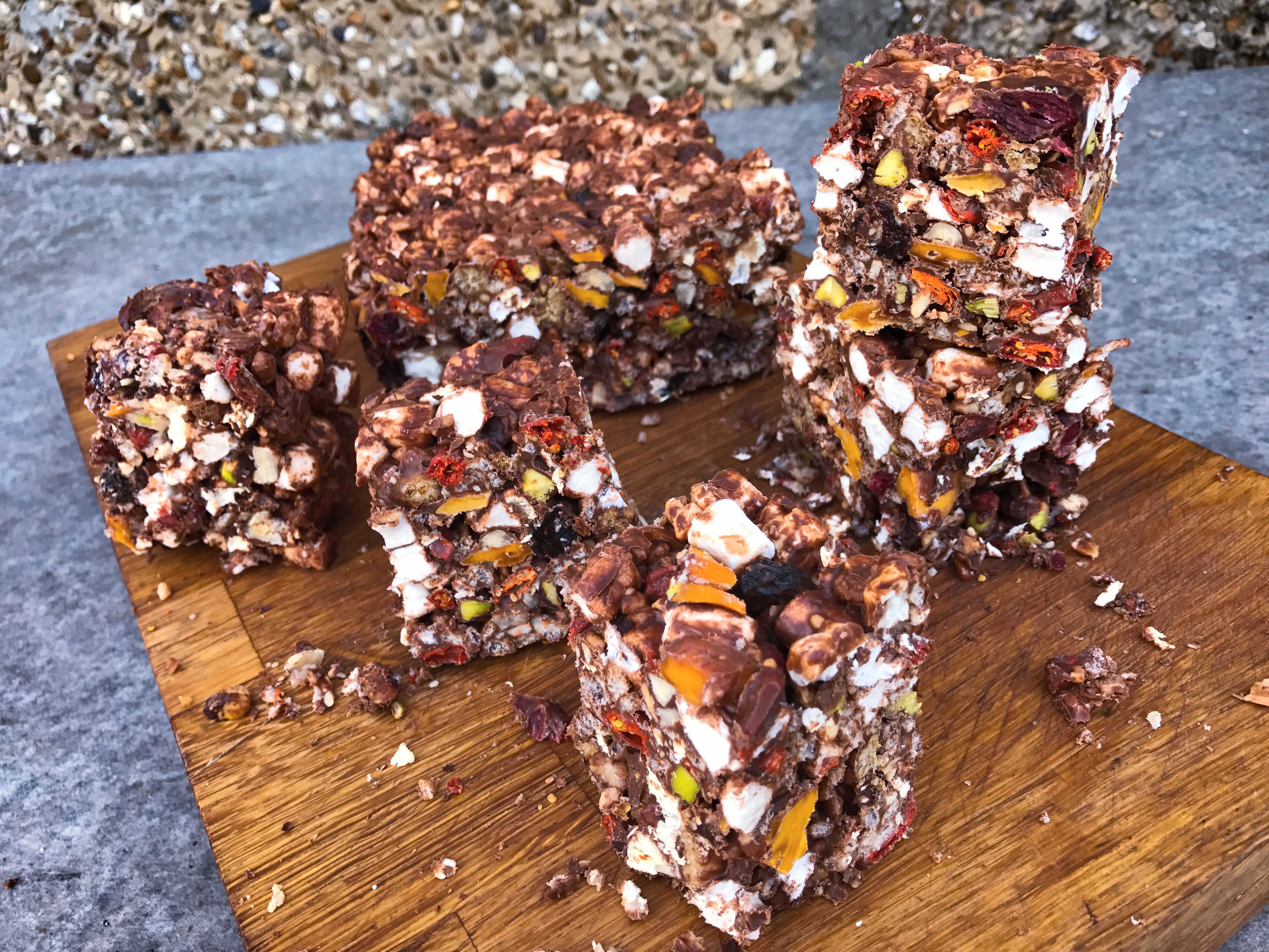 Peanut butter Popcorn and Mulberry rocky road