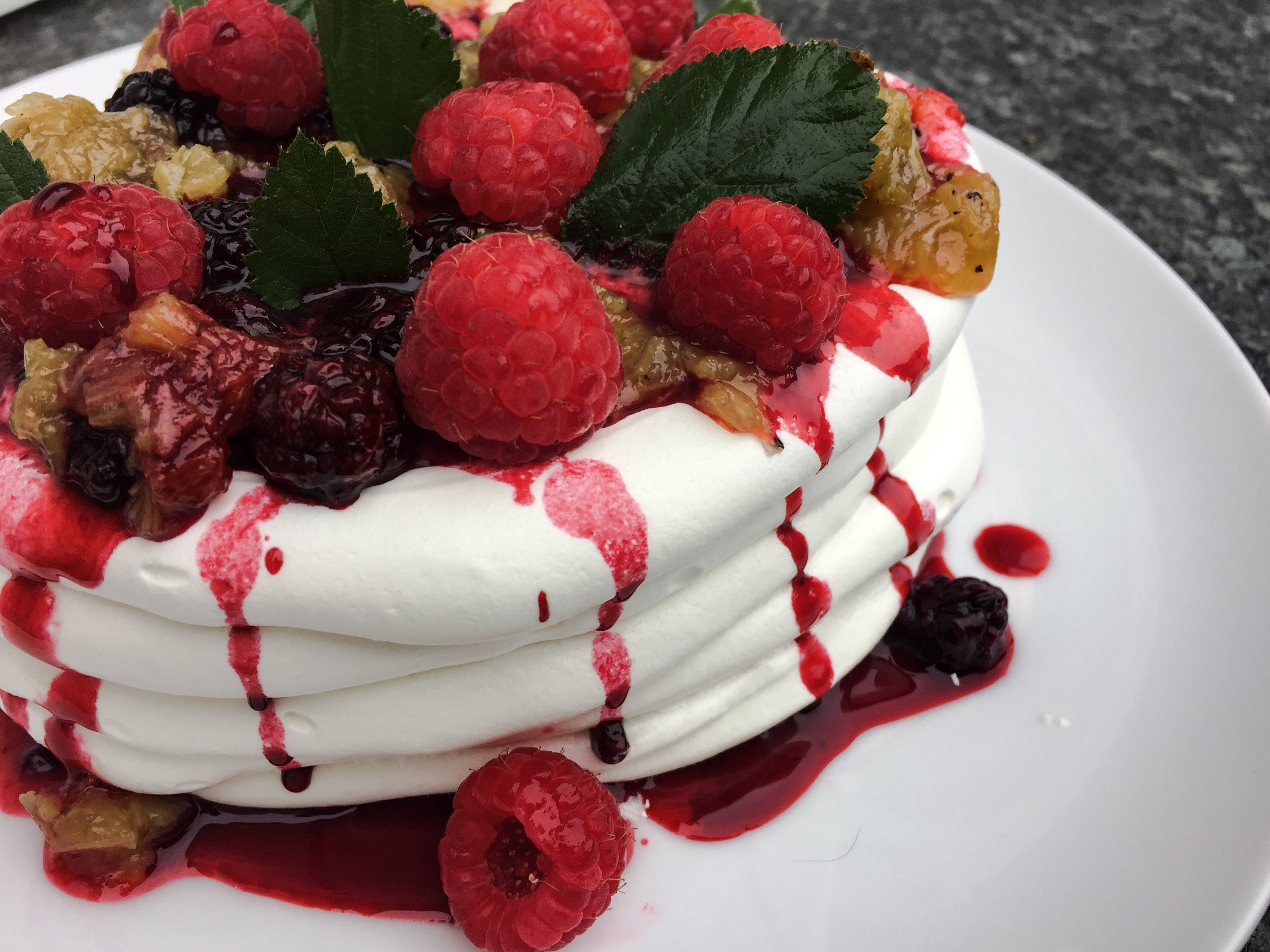 Peppery Rhubarb and Blackberry Pavlova