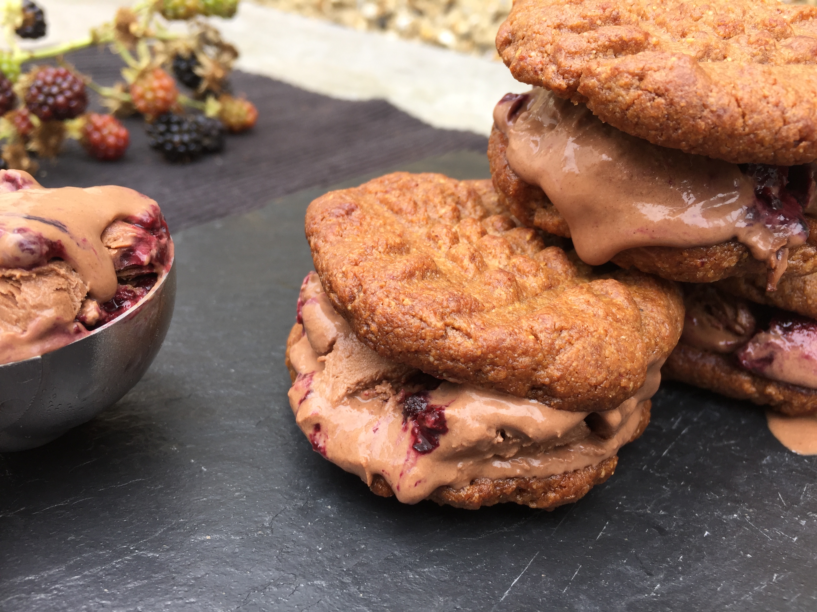 Peanut butter Chocolate and Blackberry ice-cream sandwiches