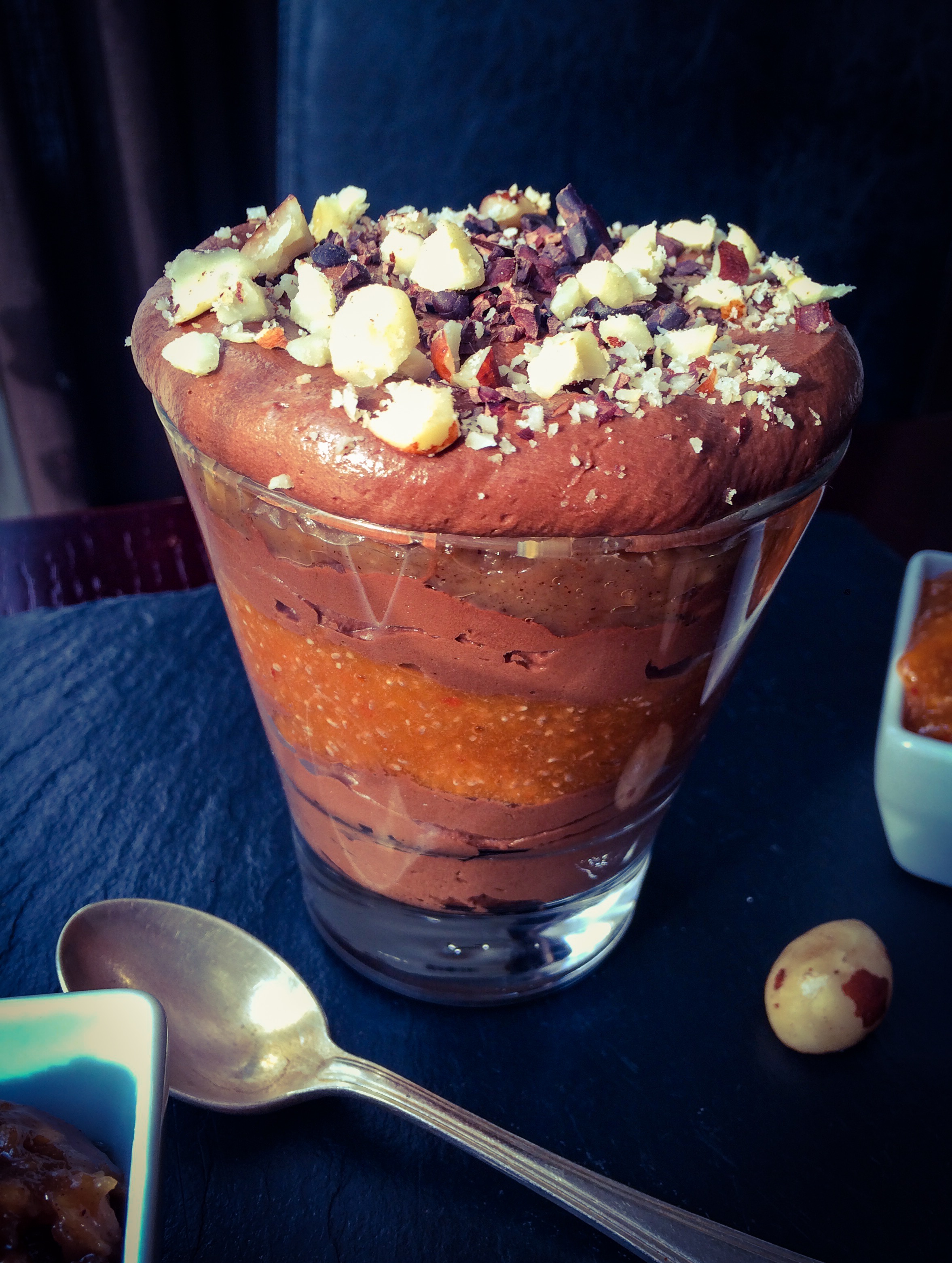 Chocolate Mousse, Chia Apricot Jam and Brazil Nut Caramel